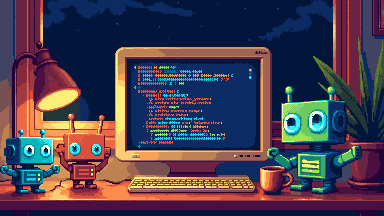 Pixel art of a late-night desk: a CRT monitor full of code, a lamp, a coffee mug, and three small robots helping out.